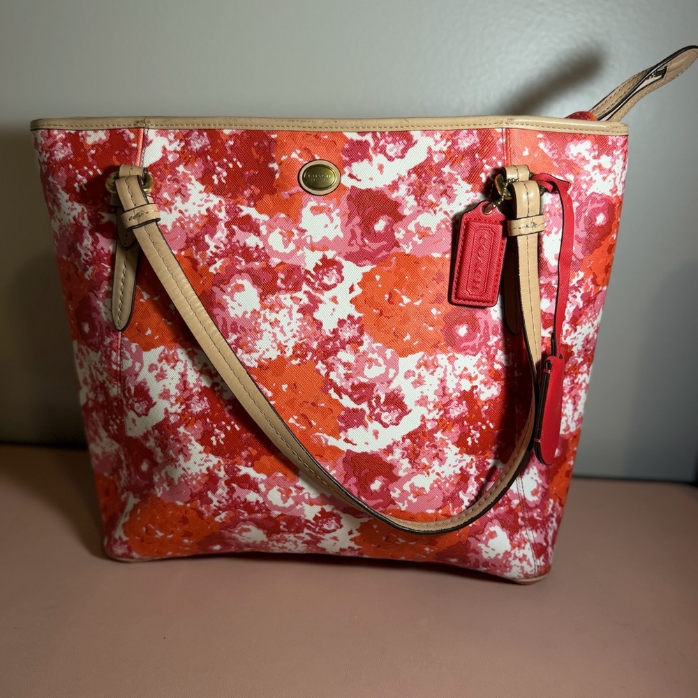 Coach Peyton Floral Print Zip Top Tote F31342 Pink Orange Canvas Leather Bag